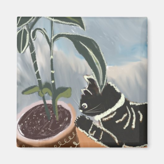 猫が観葉植物を見守る  マグネット (正面)
