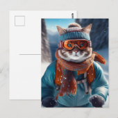 猫が雪の斜面をスキーしている ポストカード (正面/裏面)