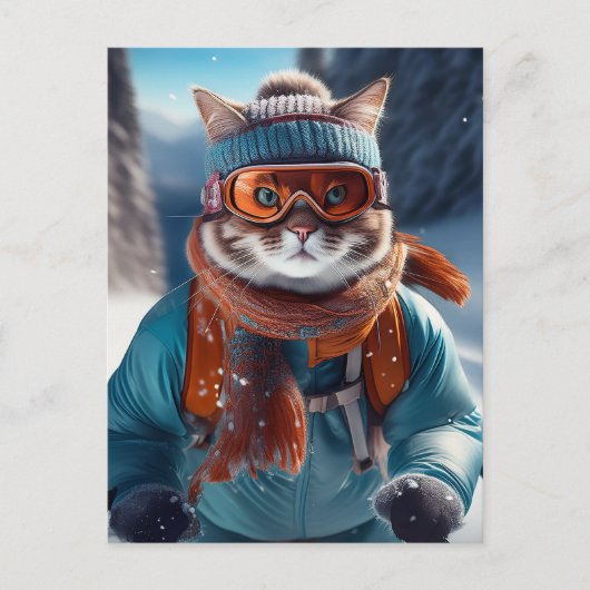 猫が雪の斜面をスキーしている ポストカード (正面)