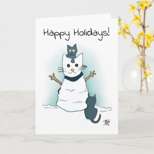 猫が雪を作るハッピーホリデーズクリスマス カード (黄色い花)