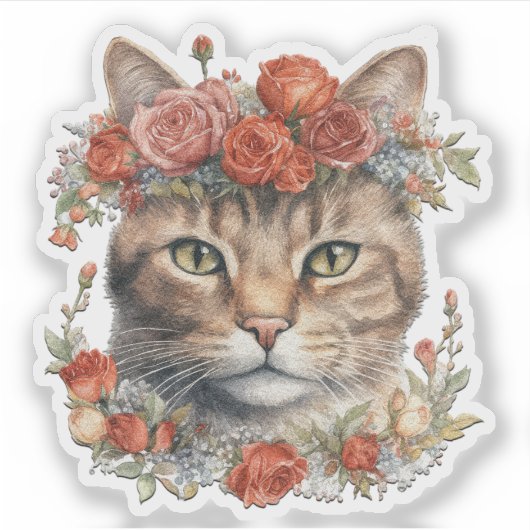 猫が頭に花を付けたバレンタインシール シール (正面)
