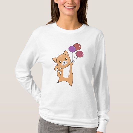 猫が風船かわいい動物たち赤猫 Tシャツ (正面)
