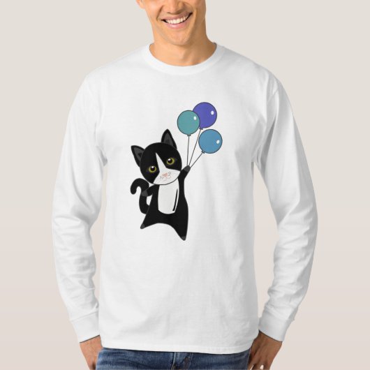 猫が風船かわいい動物たち黒猫 Tシャツ (正面)