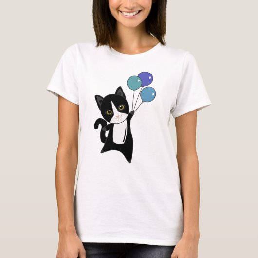 猫が風船かわいい動物たち黒猫 Tシャツ (正面)
