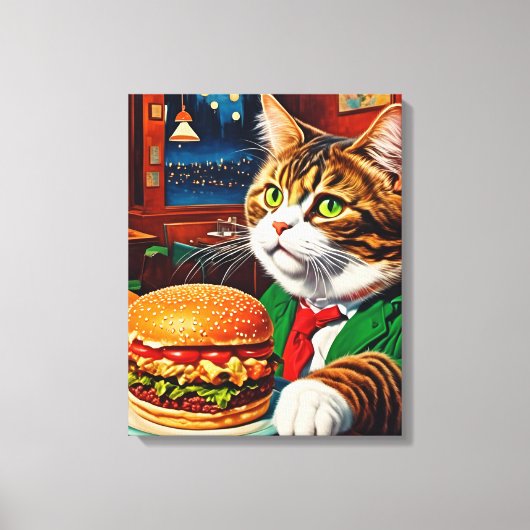 猫が食堂でチーズバーガーを注文 キャンバスプリント (正面)