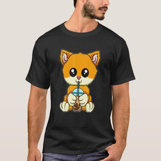 猫が飲むバブルEaかわいい動物とボバEa Tシャツ (正面)