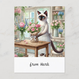 猫が魅力的美しい花を丁寧に配る シーズンポストカード