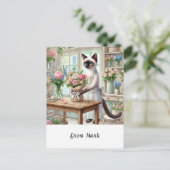 猫が魅力的美しい花を丁寧に配る シーズンポストカード (スタンド正面)