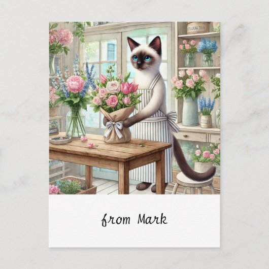 猫が魅力的美しい花を丁寧に配る シーズンポストカード (正面)