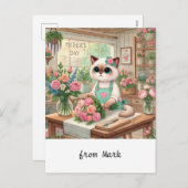 猫が魅力的美しい花を丁寧に配る シーズンポストカード (正面/裏面)