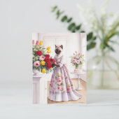 猫が魅力的美しい花を丁寧に配る シーズンポストカード (スタンド正面)