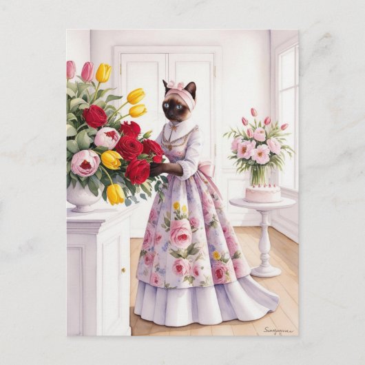 猫が魅力的美しい花を丁寧に配る シーズンポストカード (正面)