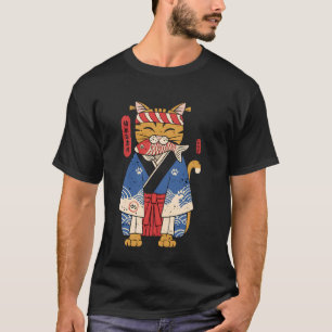 猫が魚を食べるビンテージ浮世絵アート Tシャツ