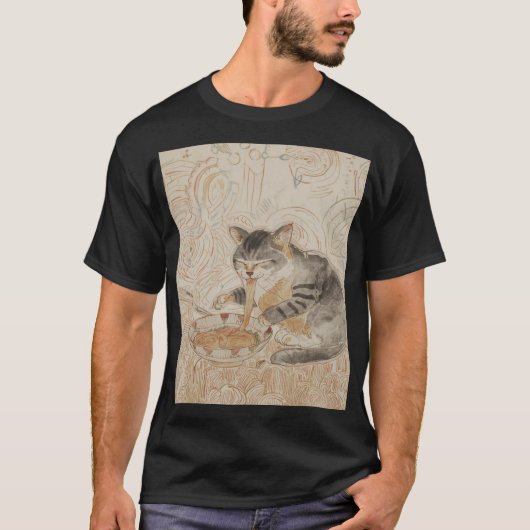 猫が麺類を食べている Tシャツ (正面)