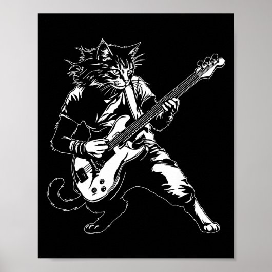 猫がBギターで演奏する面白いロック音楽好きミュージシャン ポスター (正面)