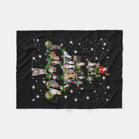 猫たおもしろいちクリスマスツリーT型オーナメントデコールプレゼント フリースブランケット (正面(横))