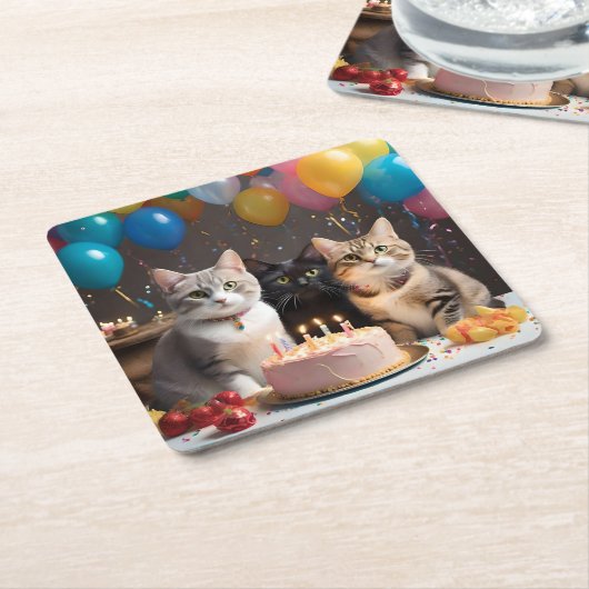 猫たちの誕生会 スクエアペーパーコースター (アングル)