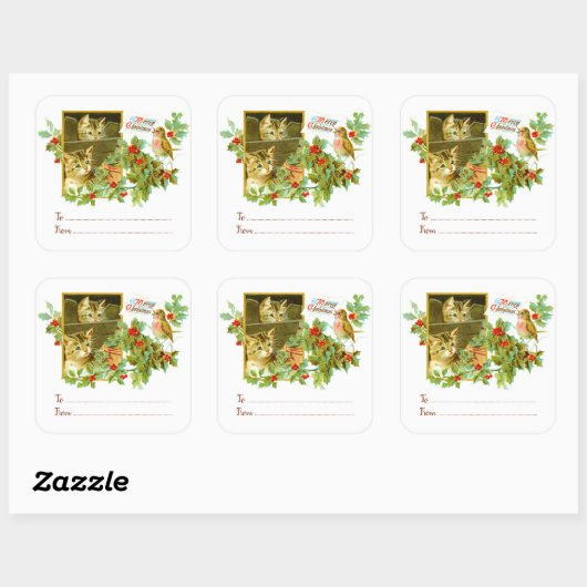 猫ちゃんとロビン |ヴィンテージのクリスマスプレゼントから スクエアシール (シート)