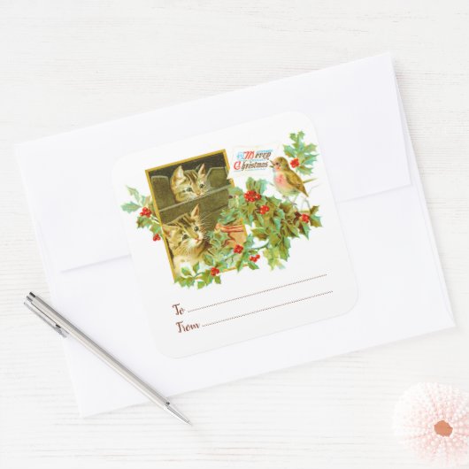 猫ちゃんとロビン |ヴィンテージのクリスマスプレゼントから スクエアシール (封筒)