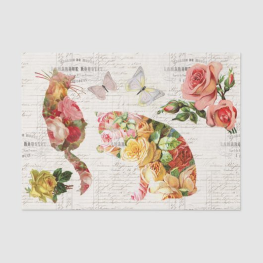 猫ちゃんヴィンテージピンクイエローローズティフランスのッシュ 薄葉紙 (正面)