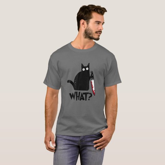 猫って何?ナイフのハロウィーンを持つ殺意のある黒猫 Tシャツ (正面フル)