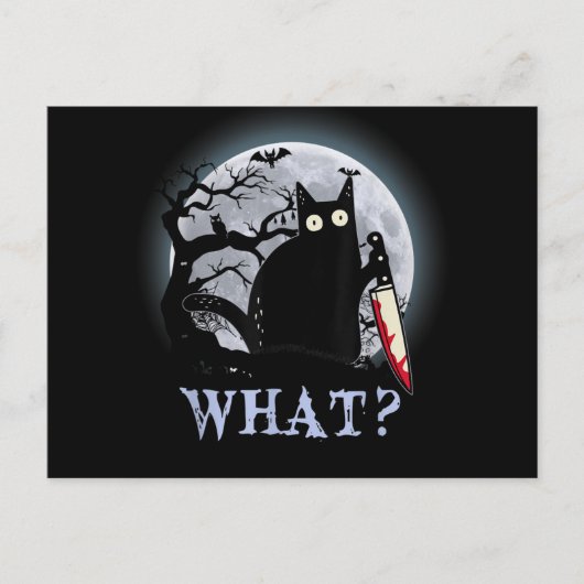 猫って何? ハロウィンに最適なナイフを持つ黒猫 シーズンポストカード (正面)