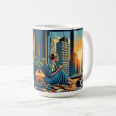 猫で日の出を見る女性 コーヒーマグカップ (正面右)