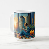猫で日の出を見る女性 コーヒーマグカップ (正面左)