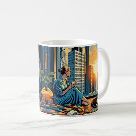 猫で日の出を見る女性 コーヒーマグカップ (正面右)