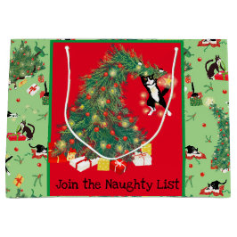 猫とおもしろいクリスマスツリーのトラブルカスタム緑色 ラージペーパーバッグ