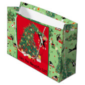 猫とおもしろいクリスマスツリーのトラブルカスタム緑色 ラージペーパーバッグ (正面アングル)