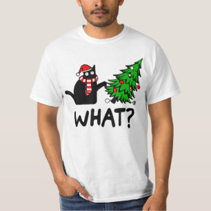 猫とおもしろいクリスマスツリーを押す黒猫T- Tシャツ
