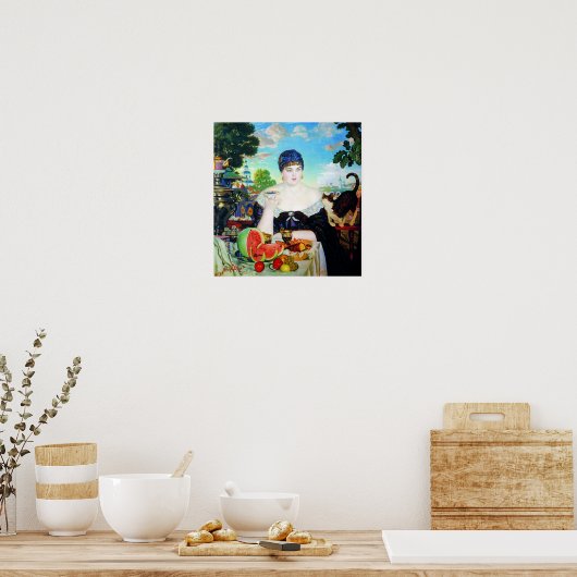 猫とお茶を飲む女性 ポスター (キッチン)