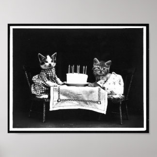 猫とお誕生日ケーキアンティーク写真 ポスター