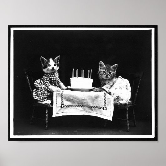 猫とお誕生日ケーキアンティーク写真 ポスター (正面)