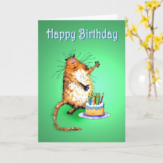 猫とお誕生日ケーキ熱狂するとろうそくとユーモア カード (黄色い花)