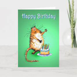猫とお誕生日ケーキ熱狂するとろうそくとユーモア カード