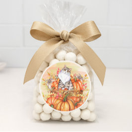 猫とかぼちゃと秋 オレンジ 白 ラウンドシール