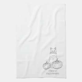 猫とかぼちゃの線画 シンプルなミニマルハロウィン キッチンタオル