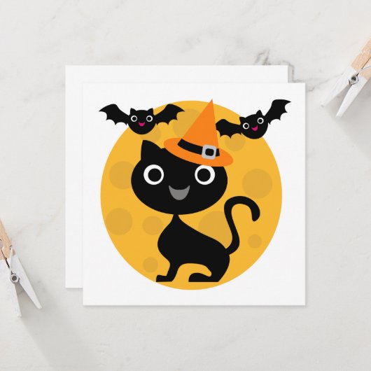 猫とこうもりハロウィーンTシャツとギフト カード (正面/裏面インサイチュ)