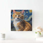 猫との星空のナイトアート スクエア壁時計 (ホーム)