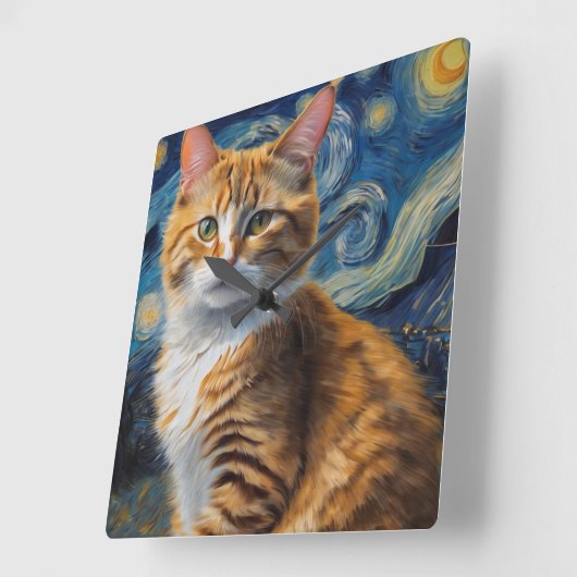 猫との星空のナイトアート スクエア壁時計 (傾斜)
