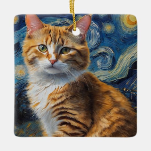 猫との星空のナイトアート セラミックオーナメント (正面)