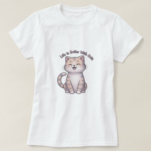 猫との暮らしが良い – Happy Cat顔Tシャツ Tシャツ (デザイン正面)