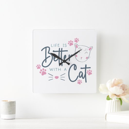 猫との暮らしは猫ことわざ スクエア壁時計 (ホーム)