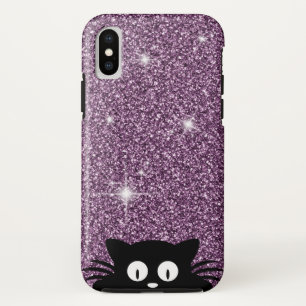 猫との紫色のフェイクなグリッターのきらめくの質 iPhone X ケース