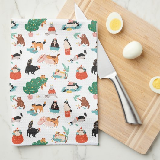 猫とよくはしゃぐクリスマスツリーのパターン キッチンタオル (四つ折り)