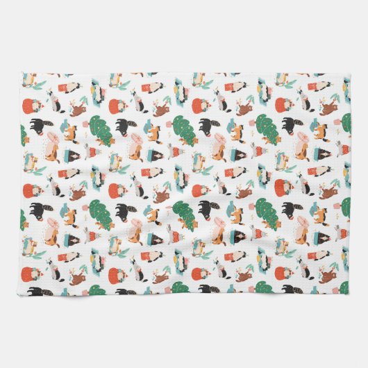 猫とよくはしゃぐクリスマスツリーのパターン キッチンタオル (横)