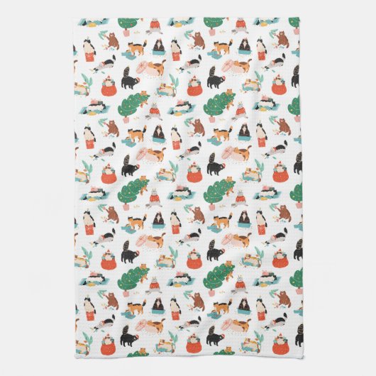 猫とよくはしゃぐクリスマスツリーのパターン キッチンタオル (縦)