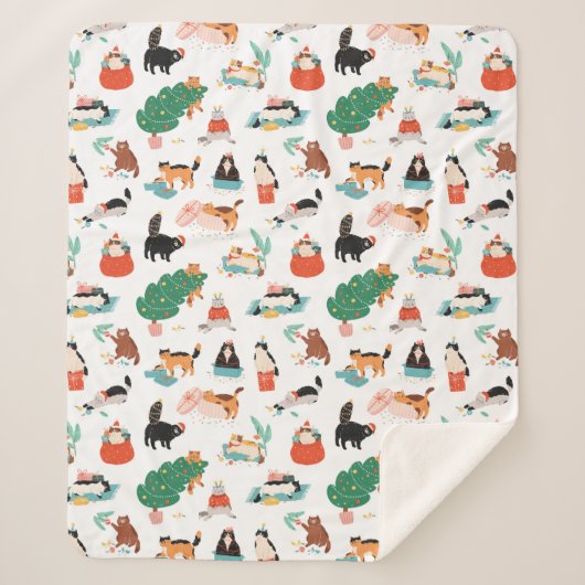 猫とよくはしゃぐクリスマスツリーのパターン シェルパブランケット (正面)